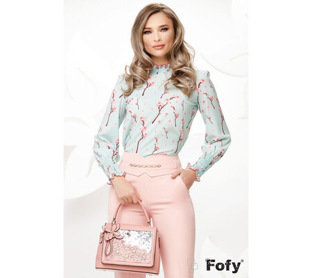 Bluza Fofy din voal mint cu imprimeu flori de cires si mansete incretite