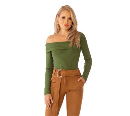 Bluza Pretty Girl verde cu un umar gol cambrata din lycra