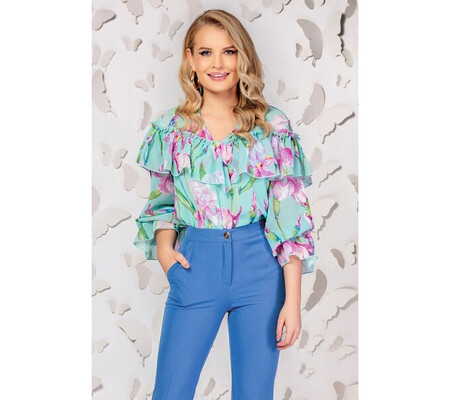 Bluza Pretty Girl vernil cu imprimeu floral si volanase