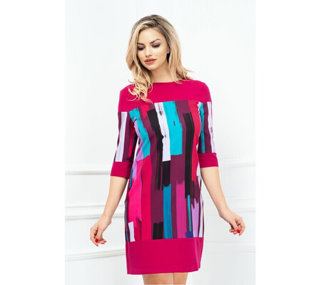 Rochie fucsia de zi in A cu imprimeu multicolor