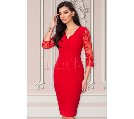 Rochie MBG eleganta rosie cu maneci brodate