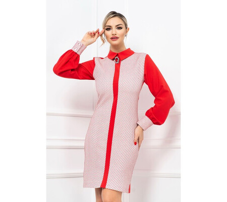 Rochie rosie eleganta cu imprimeu buline discrete si brosa detasabila