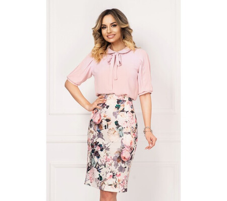 Bluza Effect rose cu guler rotund si maneci cu pliuri