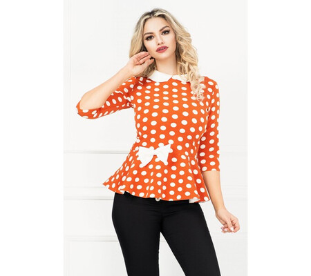 Bluza InPuff caramizie cu buline si peplum cu funda ecru in talie