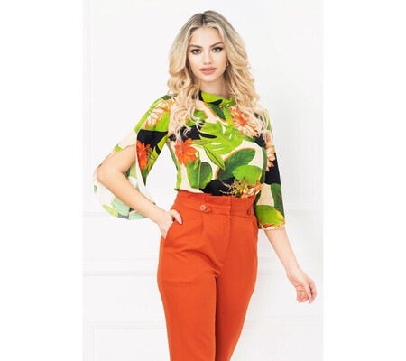 Bluza InPuff cu imprimeu tropical multicolor si maneci crapate