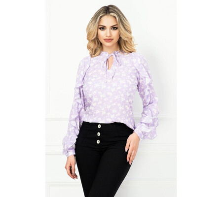 Bluza InPuff lavanda cu flori albe delicate si volane pe maneci