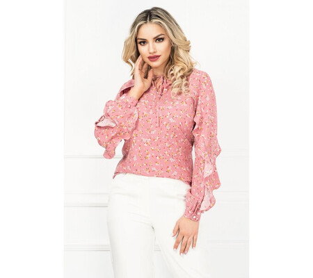 Bluza InPuff roz cu flori multicolore delicate si volane pe maneci