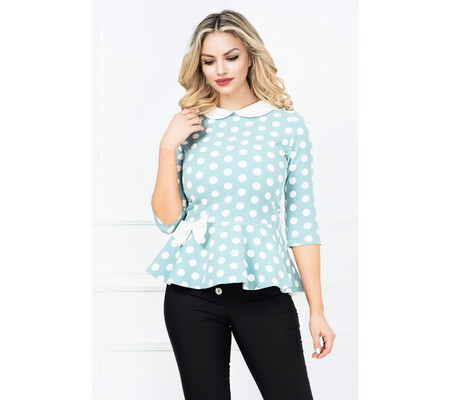 Bluza InPuff turquoise cu buline si peplum cu funda ecru in talie