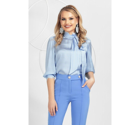 Bluza Pretty Girl bleu cu esarfa detasabila si imprimeu pied du coq