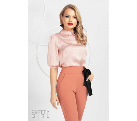 Bluza Pretty Girl somon cu imprimeu pied cu coq si maneci bufante