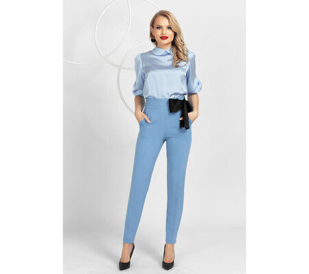 Pantaloni Pretty Girl bleu conici cu funda neagra satinata