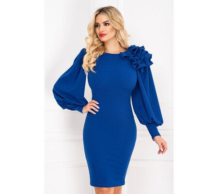 Rochie de ocazie eleganta cambrata albastru royal cu volane pe umar