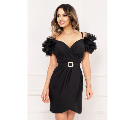 Rochie de ocazie neagra eleganta petrecuta cu volane ample la maneca