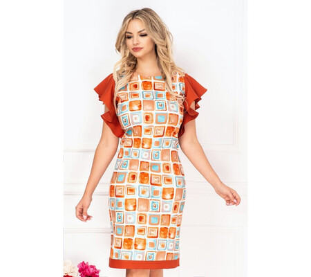 Rochie de zi InPuff cu imprimeu geometric tip pictura si volanase caramizii