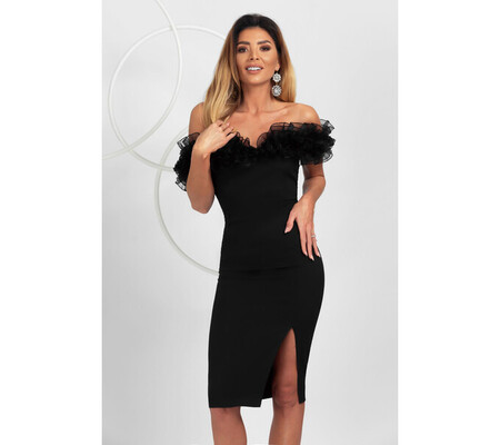 Rochie eleganta de ocazie Pretty Girl neagra cu umeri goi si volane