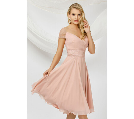 Rochie eleganta Pretty Girl rose din voal cu detalii din tulle si paiete