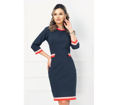 Rochie InPuff conica office bleumarin cu benzi in contrast