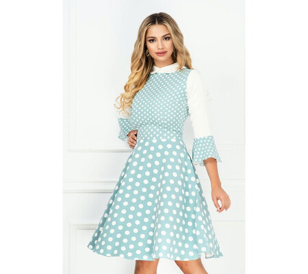 Rochie InPuff de zi delicata turquoise cu buline si maneci tip clopot