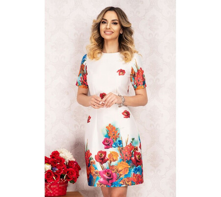 Rochie InPuff de zi din tafta ecru cu imprimeu floral deosebit