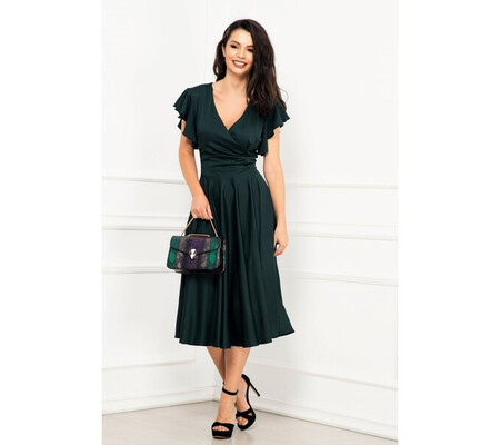 Rochie midi de zi Zoya verde in clos cu volane la umeri By InPuff