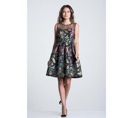 Rochie neagra din jacquard cu print floral corai-verde