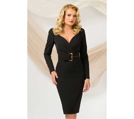 Rochie neagra tip creion Pretty Girl de birou cu decolteu tip inima si curea