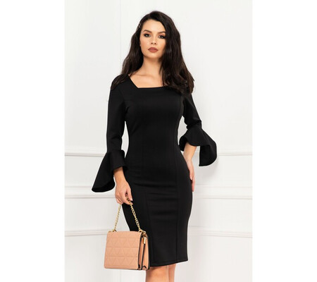 Rochie office conica Malena neagra cu maneci tip clopot