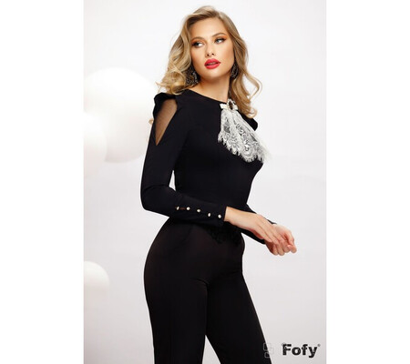 Bluza dama Fofy neagra cambrata accesorizata cu brosa detasabila la gat