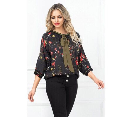 Bluza dama Venezia neagra cu imprimeu floral si funda kaki