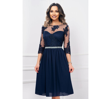 Rochie de ocazie InPuff bleumarin in clos cu broderie aplicata si strassuri in talie