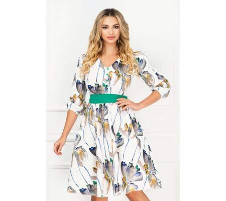 Rochie InPuff de zi ecru in clos cu imprimeu floral tip pictura