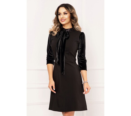 Rochie inPuff de zi neagra cu guler din paiete si maneci de catifea