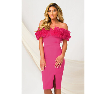 Rochie Pretty Girl de ocazie fucsia eleganta cu umeri goi si volane