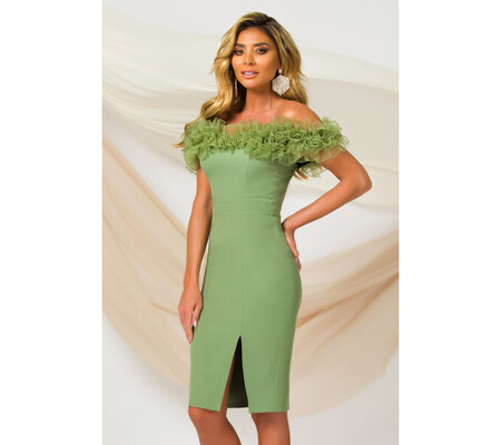 Rochie Pretty Girl de ocazie olive eleganta cu umeri goi si volane