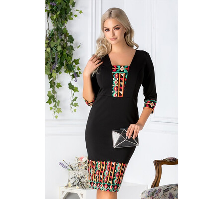 Rochie Angy neagra cu motive geometrice traditionale