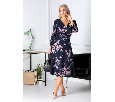 Rochie Cezara bleumarin cu floricele roz