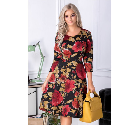 Rochie Cindy neagra cu imprimeu floral stil mozaic