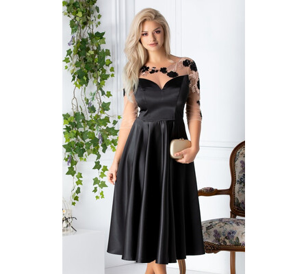 Rochie Ginette midi neagra cu tull si paiete