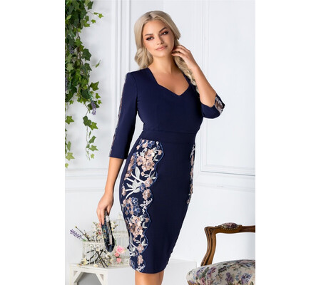 Rochie Katy bleumarin cu broderie florala