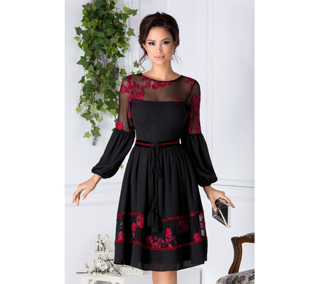 Rochie LaDonna neagra cu insertii florale mov-corai