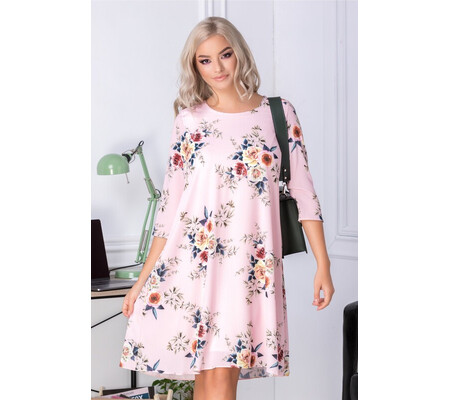 Rochie Mari evazata roz cu imprimeu floral