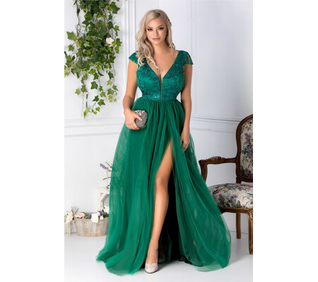 Rochie Michelle lunga verde deschis cu broderie la bust