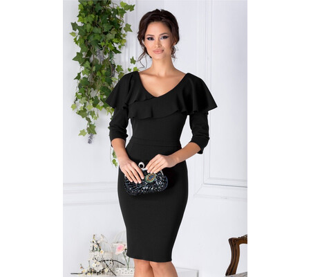 Rochie Mona conica neagra cu volan la umeri si decolteu