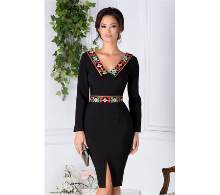 Rochie Natasa neagra cu motive geometrice colorate