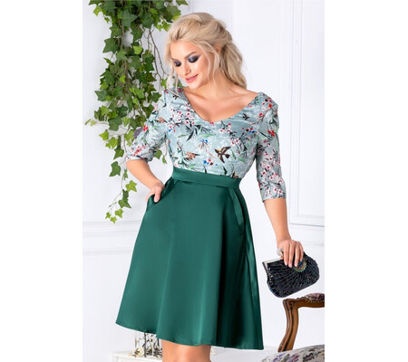 Rochie Vany verde cu imprimeuri pastelate la bust