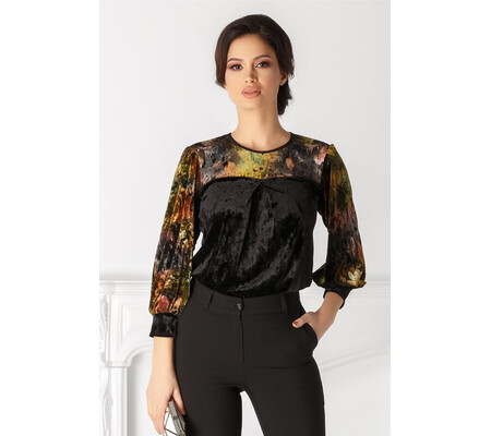 Bluza Moze neagra cu print floral aramiu