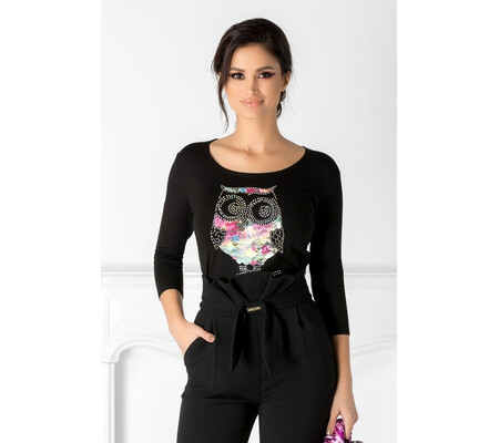 Bluza Owly neagra cu strasuri si imprimeu in forma de bufnita