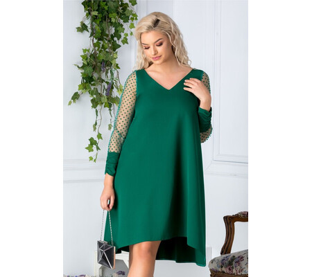 Rochie Alfa verde lejera cu maneci din tul cu buline