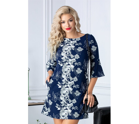 Rochie Bella bleumarin cu imprimeu floral si maneci clopot