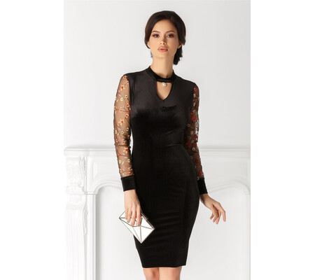 Rochie Cindy neagra din catifea cu broderie la maneci